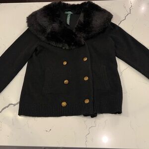 Ralph Lauren Merino Wool Black Sweater w/ Fur Collar